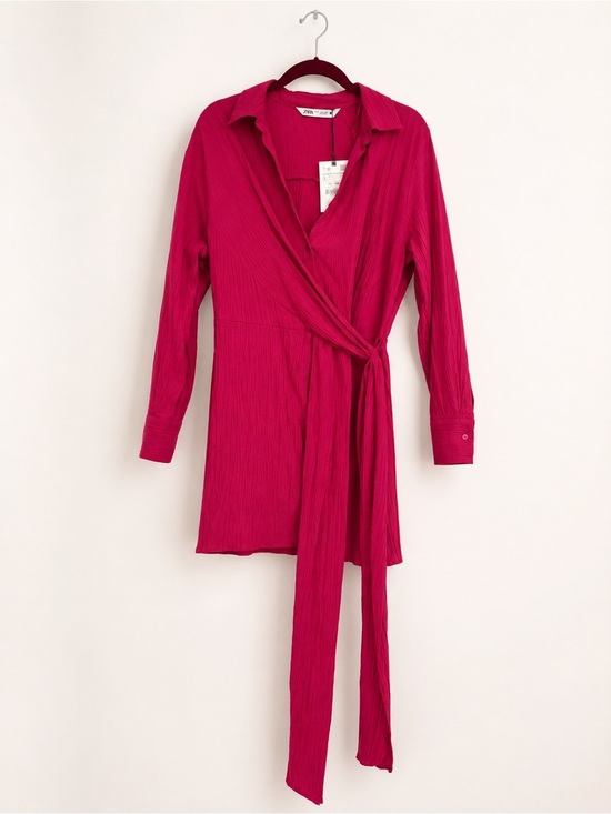 Zara Dresses & Skirts - NWT Zara Fuchsia Pink Wrap Mini Dress Long Sleeve Size L